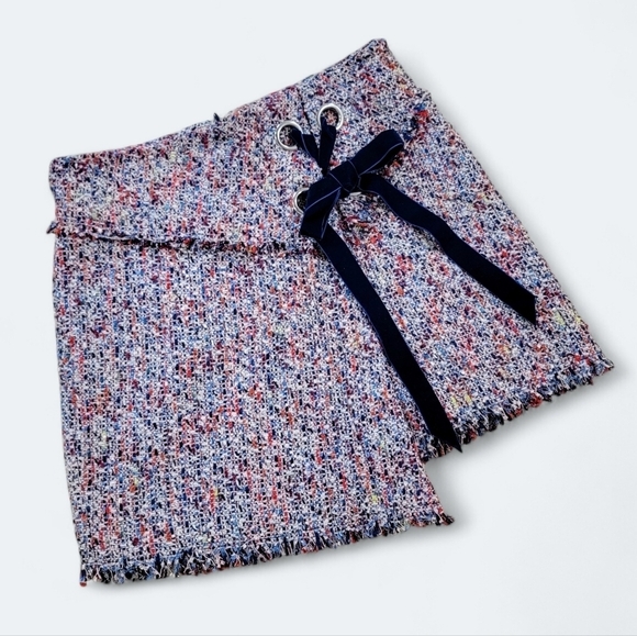 Parker Multi Color Tweed Skirt Velvet Ribbon tie Faux Wrap Size 4 - Picture 15 of 15